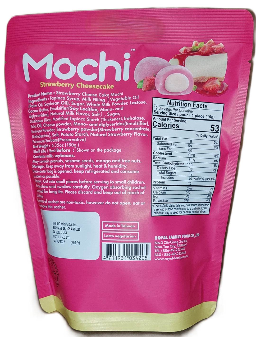 Royal Family Brand Mochi Strawberry Cheesecake 12pc Pack 180g (6.35oz)