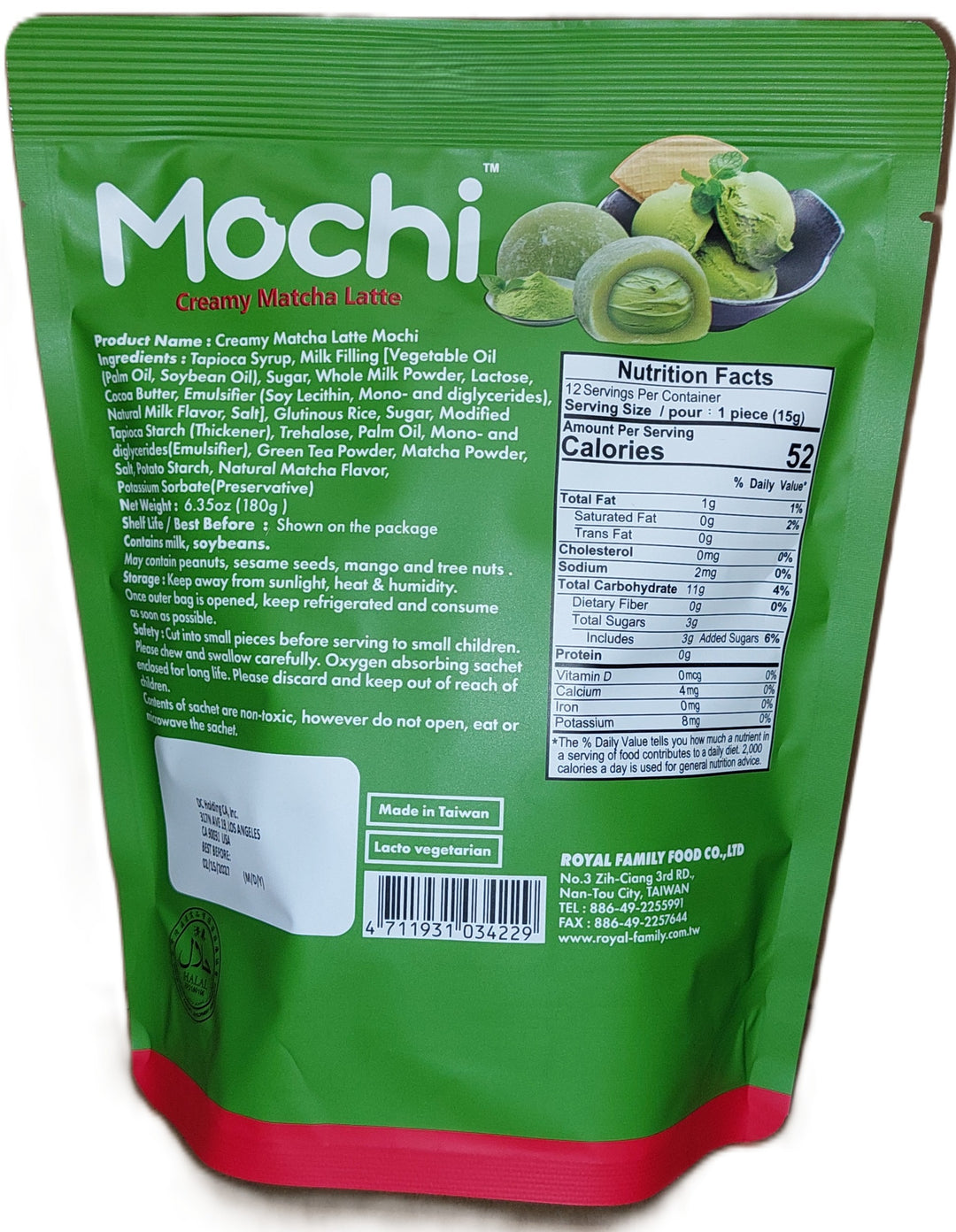 Royal Family Brand Mochi Creamy Matcha Latte 12pc Pack 180g (6.35oz)